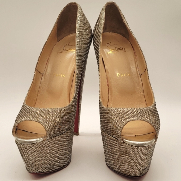 Christian Louboutin Metallic Glitter Lady Peep Pumps Ultra high heels Size 38.5 - Picture 3 of 13